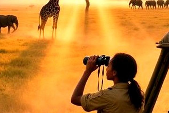 Safari guide watching wildlife on the Serengeti plains